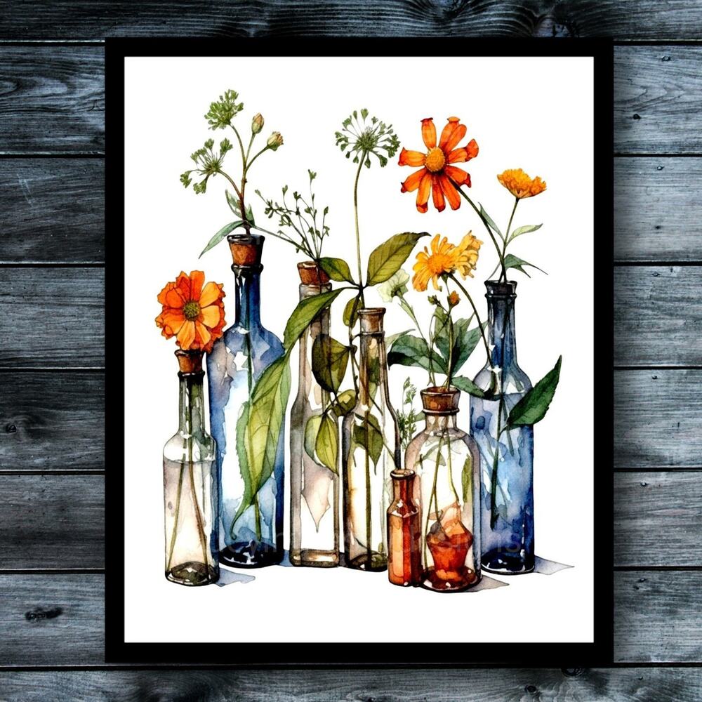 Spring Flower Blossoms in Bottles Elegant Botanical Art Print